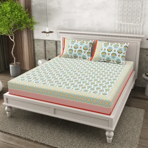 pure cotton block print jaipuri bedsheet fitted king size blooming garden